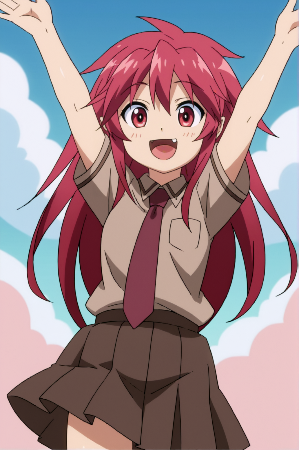score_9, score_8_up, score_7_up,anime_source, source_anime, best background, detailed background, anime screencap,  Mari, Mari, 1girl, > <, necktie, open mouth, school uniform, brown shirt, skirt, smile, solo, dynamic angle arms up,  <lora:JN_Mari_Setagaya:0.8>
