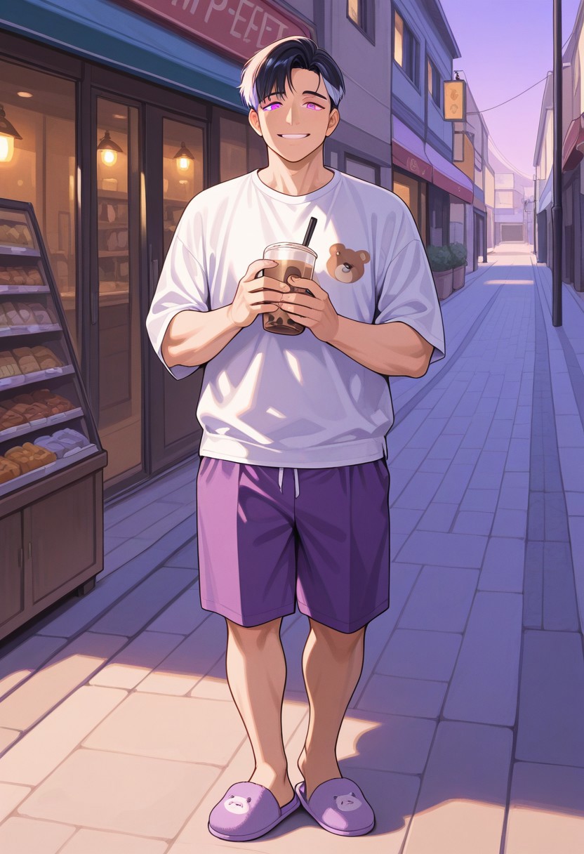 masterpiece, best quality, absurdres, newest, perfect quality, best quality, absolutely eye-catching, detailed background, intricate details, male, 1boy, mature man, aged man, solo, male focus, mbti_entp, black hair, multicolored hair, pink eyes, white shirt with bear print, purple, purple shorts, slippers, outdoor, marketplace, shops, street lamp, stoned ground, warm natural lighting, lively and bustling atmosphere, background details visible, cheeky expression, smile, mouth open, holding cup boba milk tea, walking to viewer
