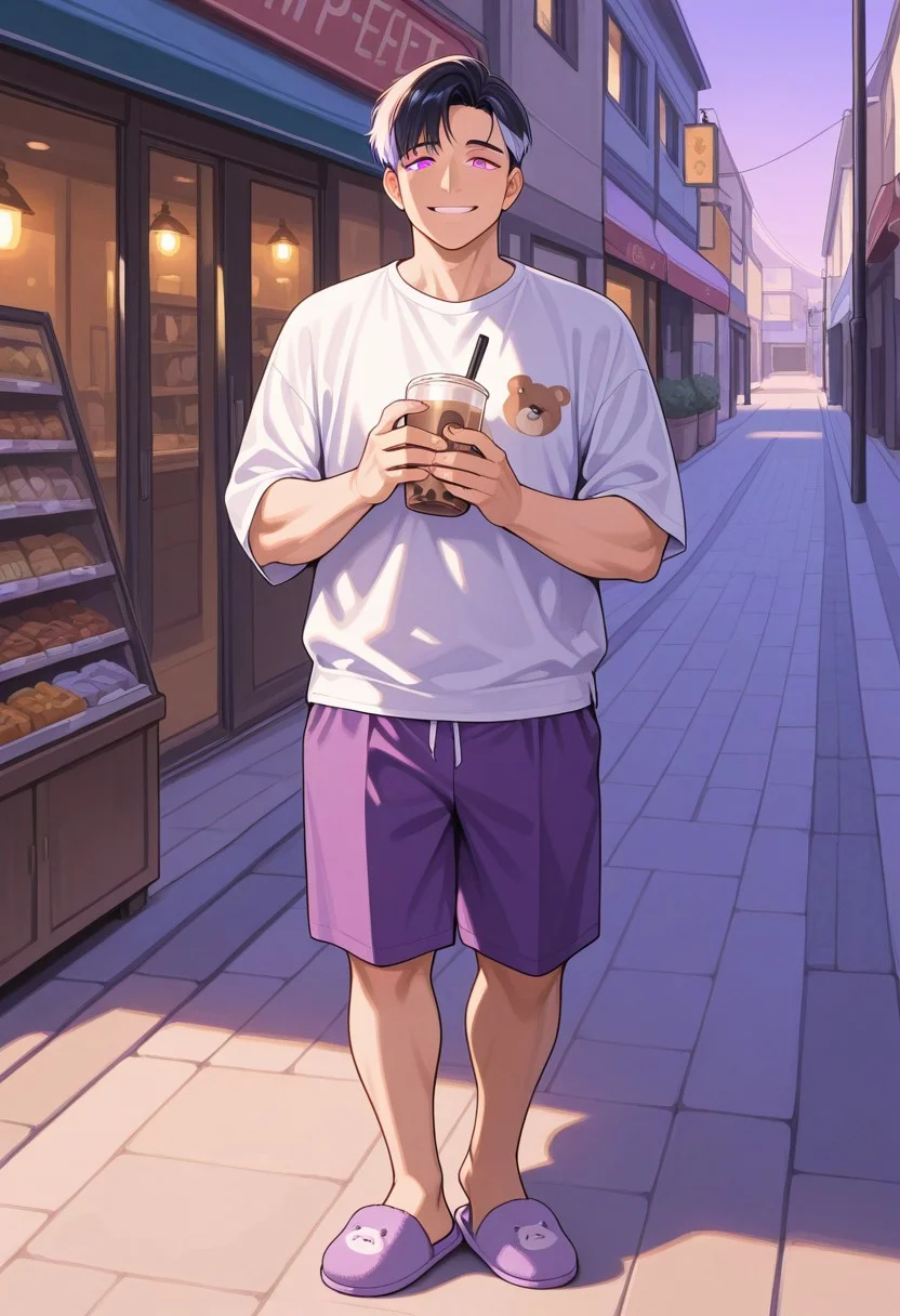 masterpiece, best quality, absurdres, newest, perfect quality, best quality, absolutely eye-catching, detailed background, intricate details, male, 1boy, mature man, aged man, solo, male focus, mbti_entp, black hair, multicolored hair, pink eyes, white shirt with bear print, purple, purple shorts, slippers, outdoor, marketplace, shops, street lamp, stoned ground, warm natural lighting, lively and bustling atmosphere, background details visible, cheeky expression, smile, mouth open, holding cup boba milk tea, walking to viewer