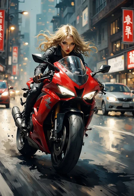 A dinkfsn style ink wash painting, in the style of ck-mgs, illustration of Japanese goth woman, flowing blonde hair, bangs, dark eyeshadow, red lips, riding Akira-style futuristic superbike, long dragster-style red bike with sports fairing, racing at speed on cypberpunk superhighway, travelling very fast, neon lights, bokeh, extreme motion blur of the background, night