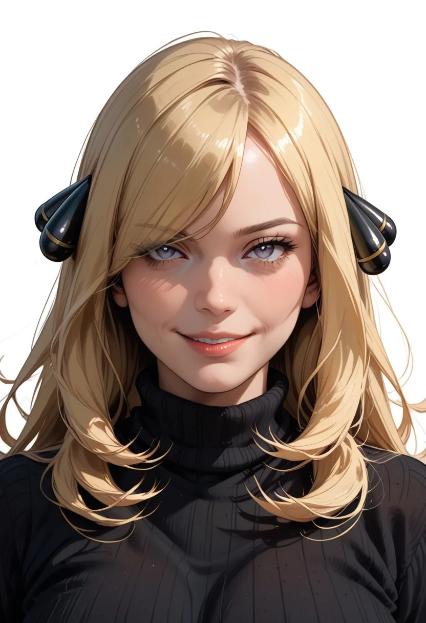score_9, score_8_up, score_8, score_7_up, score_7, ((close up)), face focus, Expressiveh
BREAK
1girl, solo, Cynthia (pokemon), very long hair, hair over one eye, hair ornament, , large breasts looking at viewer, head tilt, seductive look, aroused, horny, standing, black  turtleneck sweater, light smile
BREAK
white background