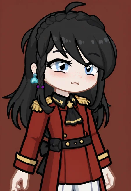 score_9, score_8_up, score_7_up, score_6_up,1girl, solo, GELUGDD, GELUGDDGacha, Gacha, girl, black hair, long hair, braid, blue eyes, blue earrings, black ascot, red coat, epaulettes, long sleeves, red military uniform, red skirt, white pants, chibi, face close up