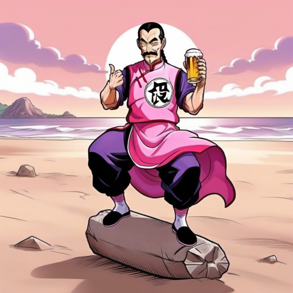 comic full body portrait 1boy, mustache, solo, single braid, black hair, pink and purple chinese clothes, facial hair,  having a beer on the beach <lora:TaoPaiPai1024:0.8> . graphic illustration, comic art, graphic novel art, vibrant, highly detailed
