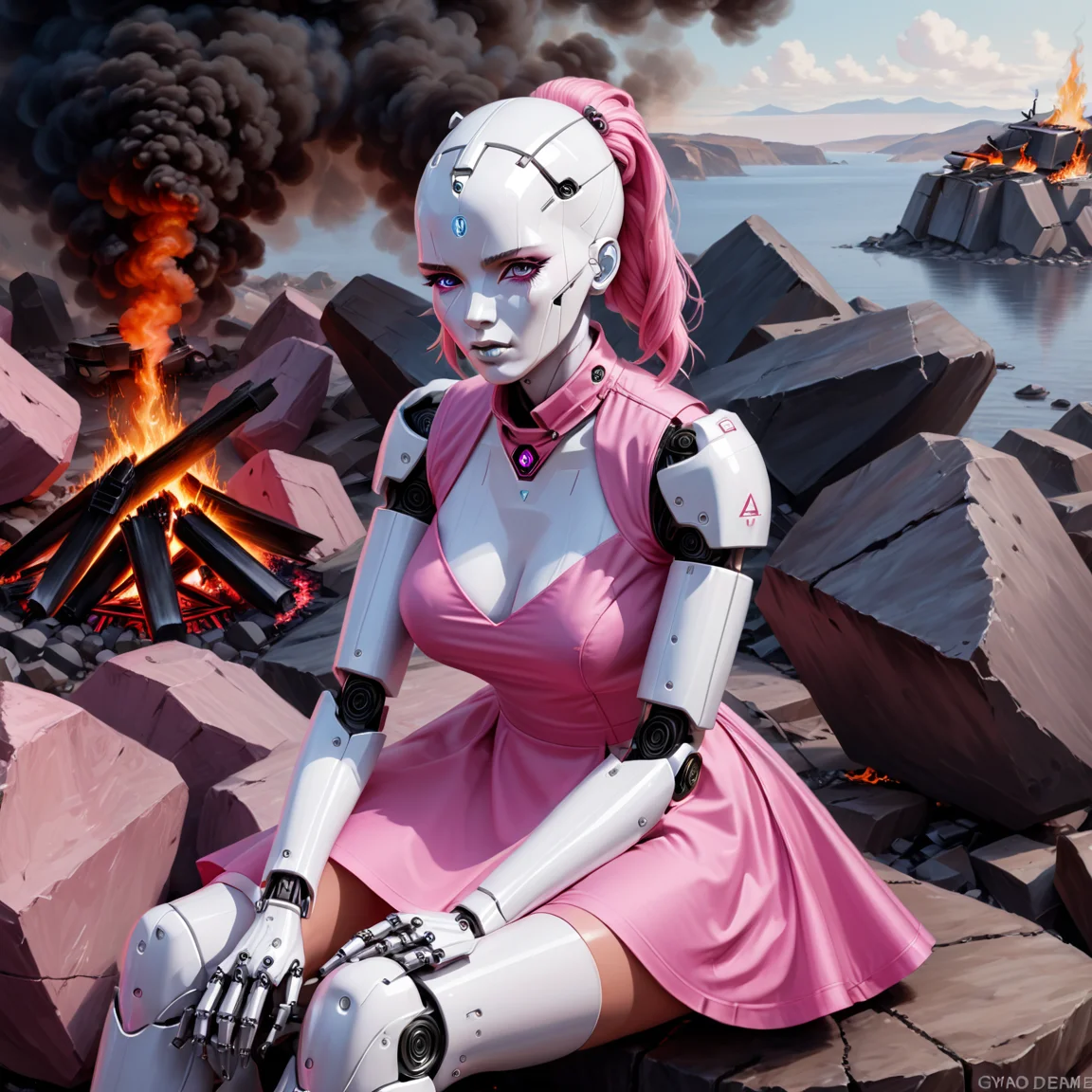 gynoid robot with robot machine head, in a pink dress,[ coarse wool dress],  sitting on a rock and a fire behind her, Bastien L. Deharme, stanley artgerm lau, cyberpunk art, fantasy art, white plastic skin,  skin, robot joints, white plastic face, face seams
 <lora:Droids_Wearing_Clothes_XL_-_Panache-000008:1>  <lora:Jennifer8XL:0.7> j3nn1f3r8xl