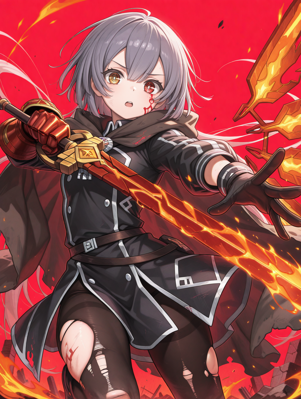 1girl,solo,outstretched hand,heterochromia,single red glove,single black glove,single red sword wing,simple background,looking at viewer,fire,holding red huge sword,red theme,single gauntlet,torn pantyhose,sky striker ace - roze,hair down,black pantyhose,black military uniform,red huge sword,brown cloak,red tattoo,((single wing)),red honeycomb \(pattern\),open mouth,ruins,
masterpiece,best quality,amazing quality,very aesthetic,absurdres,newest,<lora:Sky striker ace - Roze illuXL v1:0.75>,