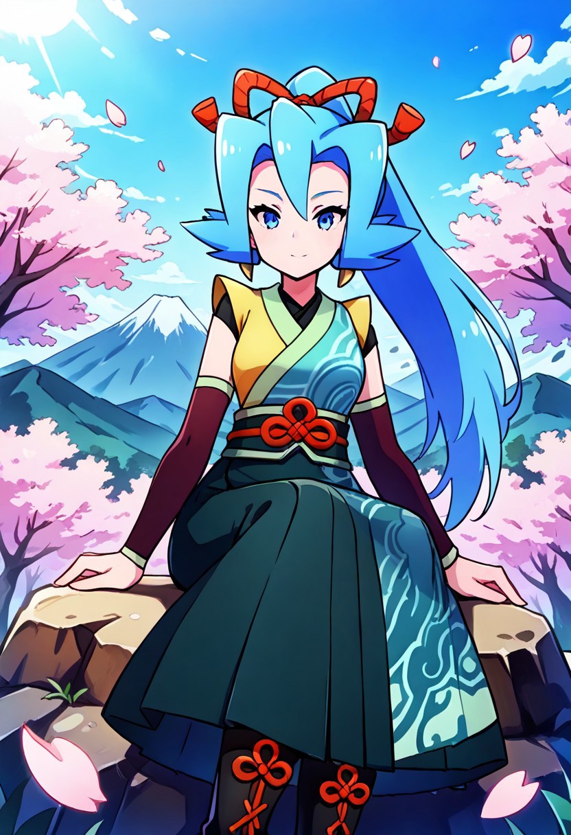 1girl, solo, sitting, on_rock, full_body, close-uup, 
cherry blossoms, mountain, sunshine, clear sky, colorful, woods, landscape, nyclair, blue_eyes, blue_hair, ponytail. hair_ribbon, japanese_clothes, hakama, very_long_dress, deatached_sleeves, boots, black_footwear