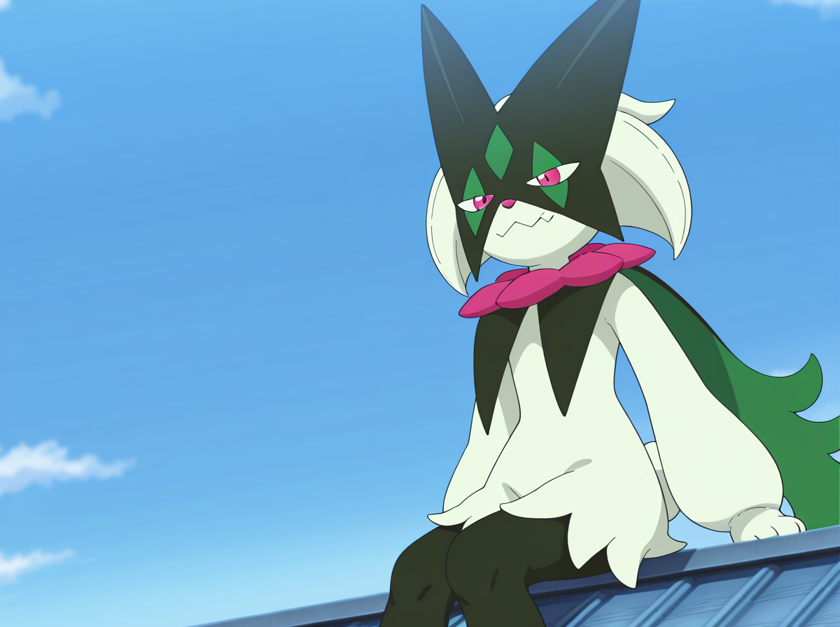 masterpiece, best quality, amazing quality, very aesthetic, absurdres, newest,  anime screenshot anime coloring, <lora:MeowscaradaIllust:1>masquernyaillust, pokemon (creature), furry, solo, no humans, smile, pink eyes  sitting on a rooftop blue_sky, wide_shot blue sky,