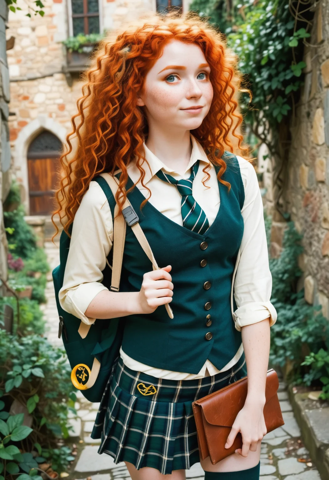 MeridaXLP,freckles,cleavage,wavy hair , A high resolution professional cosplay photograph of Merida, the fiery-haired Disney princess from Brave, dressed in a modern schoolgirl outfit. She has her signature wild, curly red hair cascading down her shoulders, with a few strands playfully framing her freckled face. Her emerald green eyes shine with mischief and determination. She is topless and wears a stylish school uniform consisting of a plaid skirt in shades of green and navy, a fitted blazer with gold buttons, knee-high socks, and polished black shoes. A loosely tied tie hangs around her neck, giving her a rebellious yet charming look. She stands confidently, perhaps adjusting her backpack strap or holding a book, with a smirk that hints at her adventurous spirit. The background is softly blurred, depicting a grand old-school building with stone walls and ivy creeping up the sides, adding to the academic yet whimsical atmosphere.