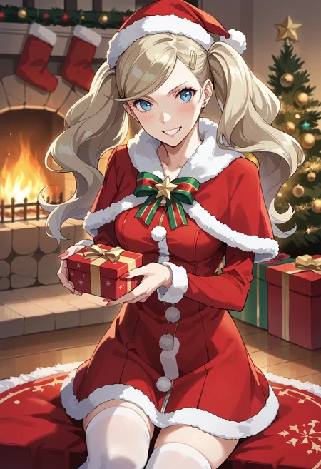 score_9, score_8_up, score_7_up, (source_anime), 1 girl, solo, nsfw, cute face,
p5ann, twintails, long hair, takamaki anne, blonde hair, hairclip,
santa dress, santa hat, holding present, arms extended, white thighhighs, zettai ryouiki,
indoors, evening, fireplace, grin, blushing,
masterpiece, best quality, ultra detailed, absurdres, very aesthetic