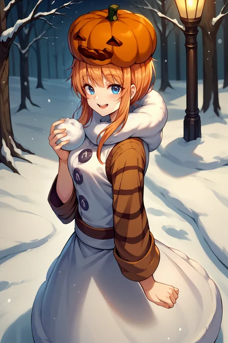 score_9, score_8_up, score_7_up, score_6_up, source_anime BREAK 1girl, solo  <lora:mcsnowgolem-pdxl-nvwls-v1-000005:1> sgolem, pumpkin hat, white coat, orange sleeves, white skirt, buttons, blue eyes, medium breasts, happy, looking at you, holding snowball, from side, snow, winter