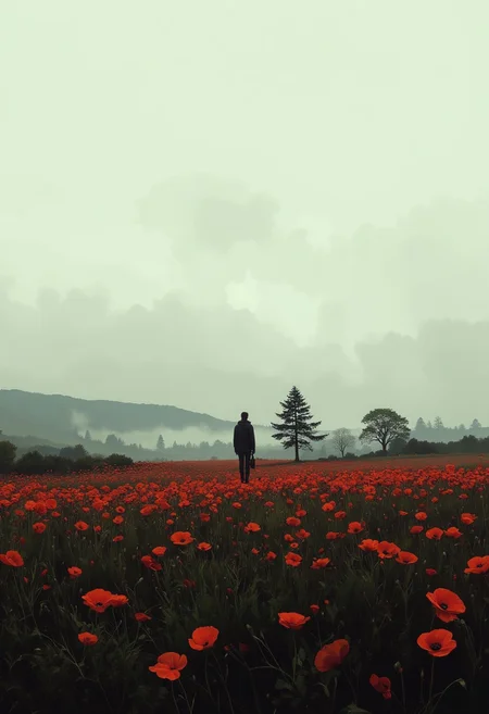 A melancholic foggy morning in a vast field of red poppies, with mist blanketing the landscape. The scene is a wide-angle landscape shot, featuring distant rolling hills and faint silhouettes of trees emerging from the fog. The mood is somber and reflective, with muted, soft lighting as the fog diffuses the morning light. The red poppies create a striking contrast against the subdued, misty background. Photorealistic, cinematic composition, natural lighting, 16K resolution.