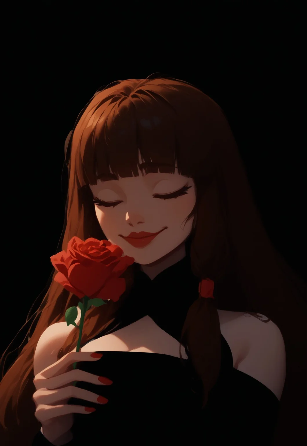 safe_pos, (Blend_in, black background), score_9, score_8_up, score_7_up, masterpiece, (high contrast, sidelightning, upper body), mature, stunning, 1girl, solo, imtdlilaross, long hair, low-tied long hair, blunt bangs, brown hair, hair tubes, matte red lips, red nails, manicured nails, black china dress, halter neck, cleavage cutout, bare shoulders, black fingerless elbow gloves, (black clothes:1.5), smile, red rose (flower), holding flower, hand up, smelling flower, closed eyes