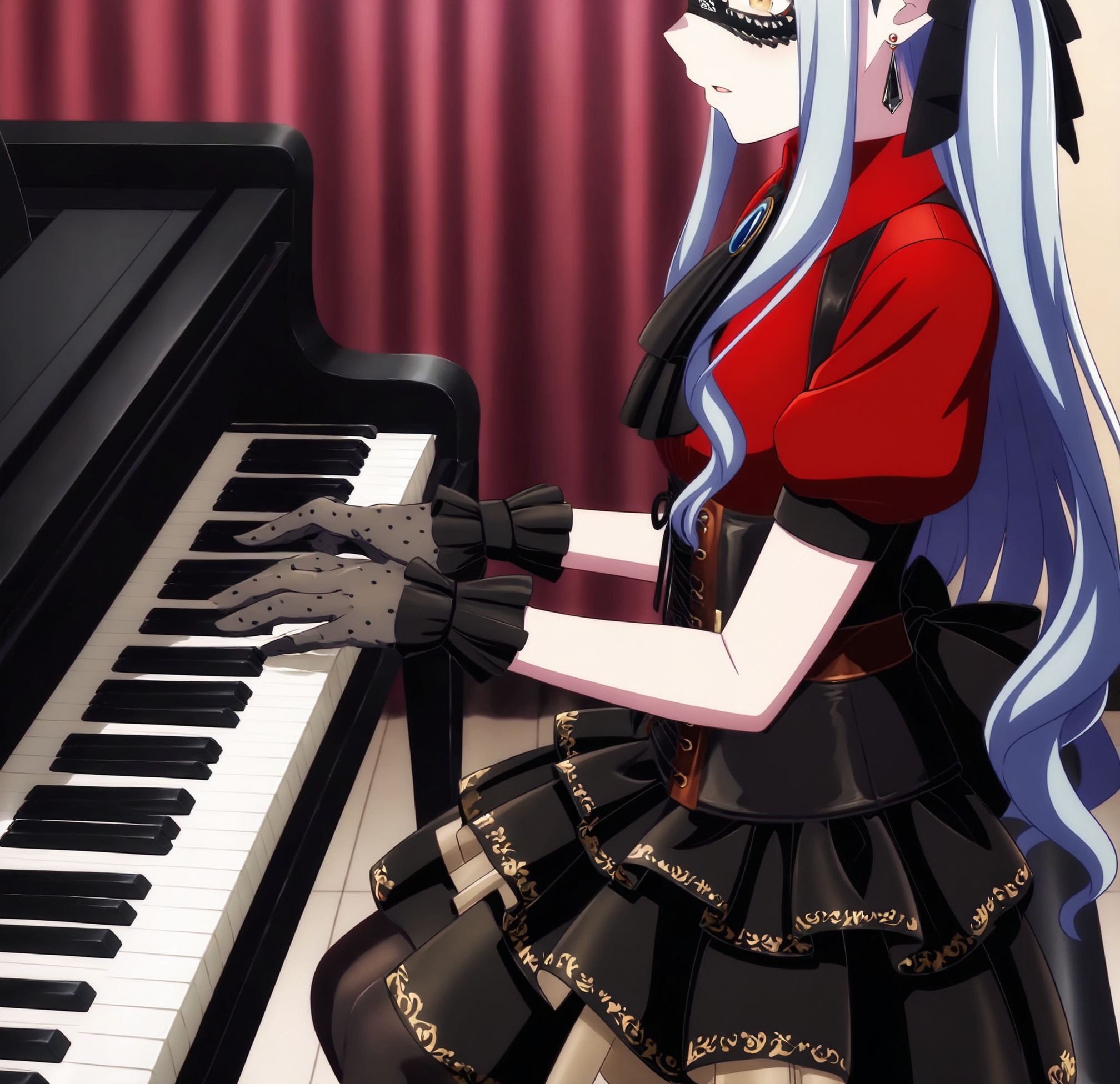 masterpiece, best quality, newest, absurdres, highres, detailed eyes, beautiful, detailed background, perfect eyes, anime coloring, anime screencap,
<lora:Erotic_Pianist:0.7> Erotic_ianistV1,
1girl,piano,instrument,breasts,
solo,sitting,piano bench, head out of frame,
play piano, hands on keyboard \(instrument\), from side, 
<lora:Togawa SakikoV1-IL:0.8>,twintails,braid,Togawa Sakiko,yellow eyes,blue hair,long hair,bangs,blunt bangs,wavy hair,two side up,perforrm,perforrm mask,perforrm eyepatch,perforrm earrings,perforrm jewelry,perforrm ribbon,perforrm hair ribbon,perforrm black ribbon,perforrm shirt,perforrm red shirt,perforrm collared shirt,perforrm short sleeves,perforrm puffy sleeves,perforrm puffy short sleeves,perforrm ascot,perforrm brooch,perforrm black ascot,perforrm frills,perforrm gloves,perforrm black gloves,perforrm corset,perforrm dress,perforrm layered dress,perforrm frilled dress,perforrm skirt,perforrm black skirt,perforrm pantyhose,perforrm black pantyhose,perforrm boots,perforrm lace-up boots,perforrm black footwear,perforrm high heel boots,