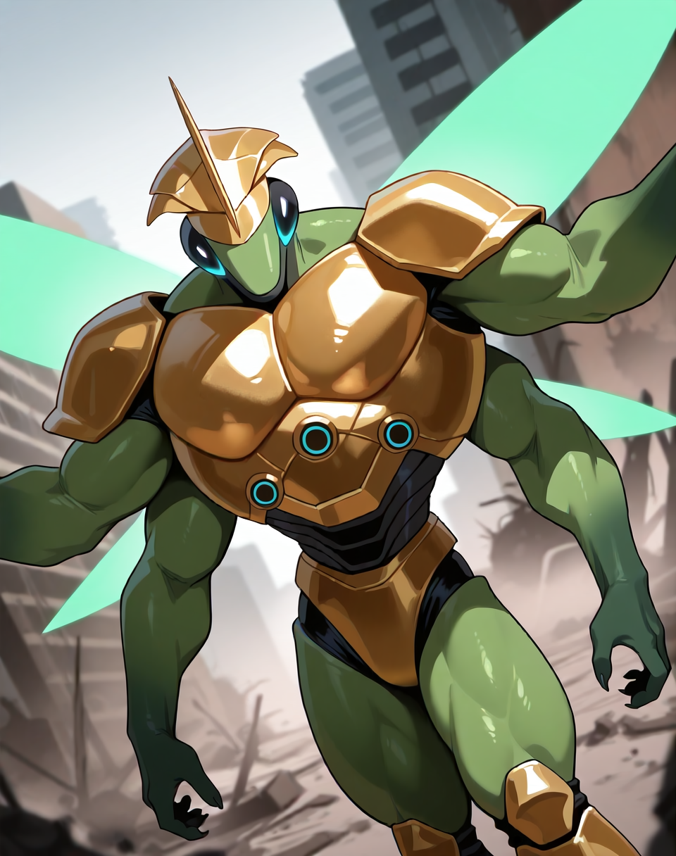<lora:Ultimate_Katris_(Shinzo)_(Illustrious)_(AD):1.35> Ultimate Katris, muscular, mantis, Shinzo, 
((
exterior, bent leg, anime post apocalyptic city, destroyed buildings, destroyed skyscrapers, buildings laying at an angle or on the side, dutch angle, cowboy shot, 
dynamic action, insect anthro, male focus, strong warrior, manly, bounty hunter, villain, glossy gold armor, manly, masculine, perfect proportions, green body, glowing transparent wings, gold helmet, 4arms, protruding pecs, 
)), 
BREAK: very awe, aesthetically pleasing, masterpiece, best quality, amazing quality, very aesthetic, perfect depth of field shot, gradient coloring, subsurface reflections, source_furry, furry_art, vivid colors, source_anime, masterclass anime, 8K CGI render, 
masterpiece, best quality, amazing quality, very aesthetic, high resolution, ultra-detailed, absurdres, newest, scenery, {Prompt}, BREAK, detailed background, volumetric lighting,
BREAK: lazympos, lazypos (3),