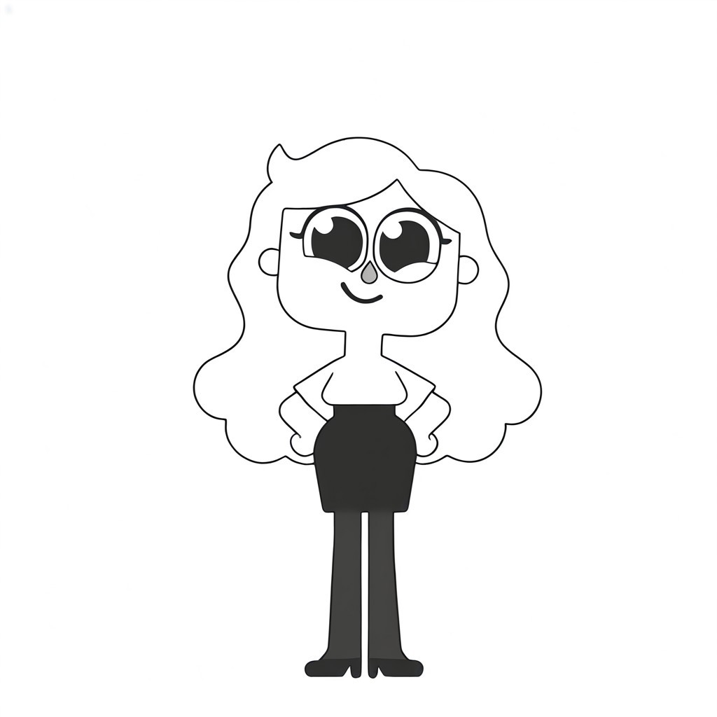 Xiaro, 1girl, solo, monochrome, big eyes, long wavy white hair, white short-sleeved office shirt, black skirt, black pantyhose, black heels
 smiling with her hands on her hips
minimalistic, vector art, lean lines, illustration, graphic design, vector graphics