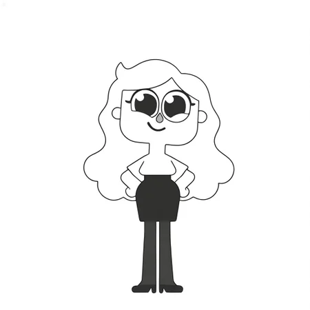 Xiaro, 1girl, solo, monochrome, big eyes, long wavy white hair, white short-sleeved office shirt, black skirt, black pantyhose, black heels
 smiling with her hands on her hips
minimalistic, vector art, lean lines, illustration, graphic design, vector graphics