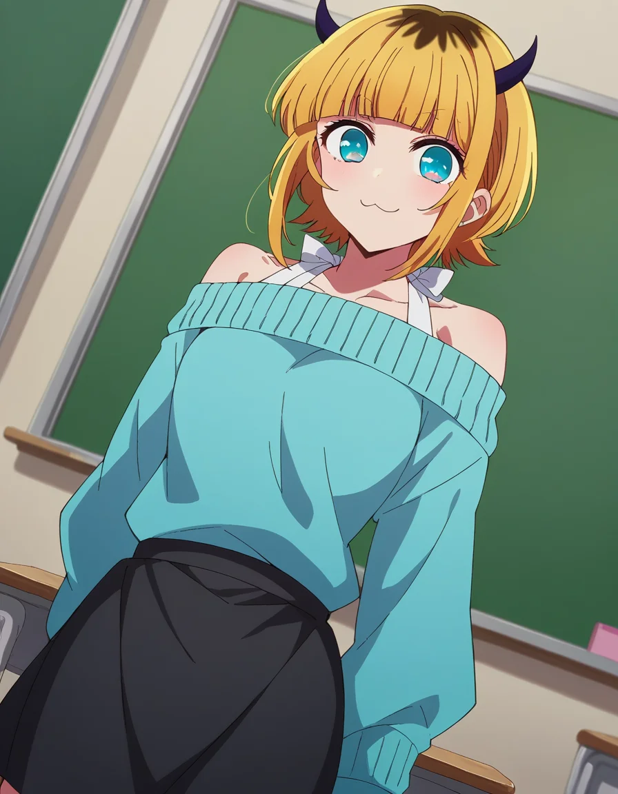 score_9, score_8_up, score_7_up, source_anime,
memcho, <lora:memcho-s1-ponyxl-lora-nochekaiser:1>
memcho, blonde hair, blue eyes, blunt bangs, demon horns, fake horns, horns, short hair,
bare shoulders, black skirt, blue sweater, long sleeves, off shoulder, off-shoulder sweater, puffy sleeves, skirt, sweater, white ribbon,
indoors, classroom, smile,
looking at viewer, dutch angle, cowboy shot