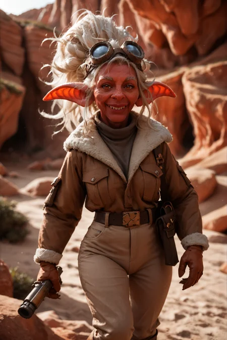 <lora:snapfire_v1:0.85> snapfire_v1 , 1girl, (old women:1). 60 y.o, wrinkles. solo
boots, brown gloves, brown jacket, brown pants, goggles, long sleeves, belt, fur trim, goggles on head,
blonde hair, bangs,, white hair, big ponytail, messy hair, big bun
colored skin, (red skin:1),
pointy ears, goblin ears
brown eyes, orange eyes,
monster girl, dragon race women
sharp teeth,
midget,, score_9, score_8_up, score_7_up, solo,
blur censor, blurry, blurry background, blurry foreground, bokeh, motion blur,
chromatic aberration, depth of field, figure, focused, focus
Desert canyon pathway, towering red rock walls, deep shadows and bright sunlight, rugged and adventurous, lose-up, portrait, looking at viewer, facing viewer,