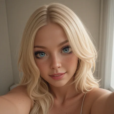 best, masterpiece, Domi with wavy blonde hair and blue eyes, extreme closeup, exotic colorful makeup, model face, model pose, selfie, highly detailed skin texture, freckles, highly detailed photo, professional photograph, dynamic lighting