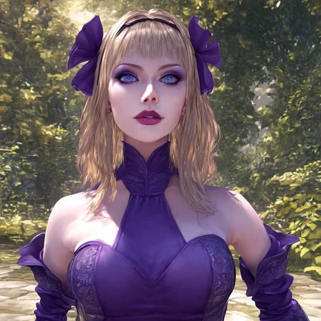 insanely detailed, detailed, detailed face, detailed eyes, good anatomy, perfect anatomy, perfection, beautiful, gorgeous, Lady Elvira Grey, Lady Elvira Grey (Fable), blonde hair, medium hair, purple dress, purple head ribbon, blue eyes, bare shoulders, fingerless gloves, half fingerless gloves, half gloves, purple choker, purple eyelids, makeup, evil face masterpiece, garden background, BREAK, score_9, score_8_up, score_7_up, score_6_up
