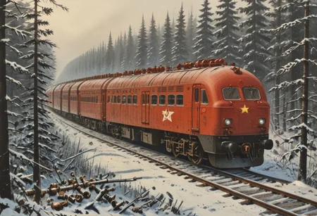 soviet poster of mega-train, nuts and bolts train, nuclear train, red star, outside, overcast, woods, snowy, massive, brutalist