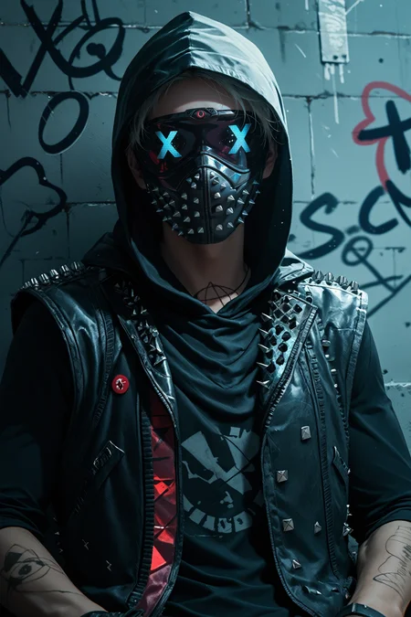 score_9, score_8_up, score_7_up, score_6_up
<lora:WDWren:0.9>
WDWren, 1boy, faceless, mask, hood up, vest, looking at viewer, Under a neon-lit city sign, edgy streetwear ensemble, nighttime ambiance, leaning against a graffiti-covered wall with a cool and collected attitude