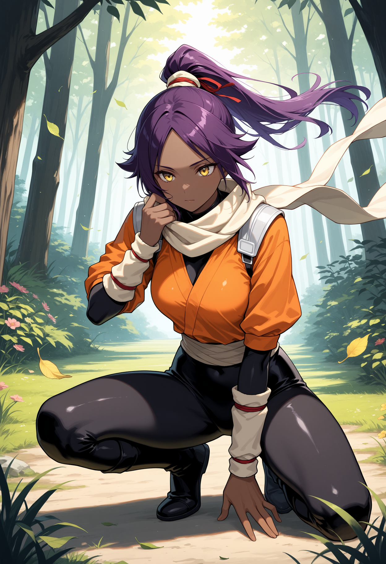 masterpiece, best quality, 1girl, solo, dark-skinned female, dark skin, purple hair, long hair, parted bangs, , outdoors, forest, nature, tree, falling leaves, leaf, wind, on one knee, full body, knee up, spread legs, looking ahead, yellow eyes, high ponytail, black bodysuit, orange shirt, skin tight, bodysuit under clothes, scarf, arm warmers, grass, flower, hand up, adjusting scarf, closed mouth