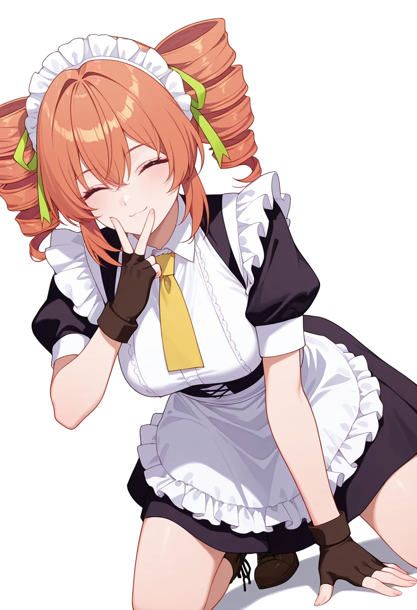 Smooth Quality,masterpiece,very intricate, high quality details, ultra realistic, high detailed skin,detailed enviorement,absurdres,
v over mouth,
<lora:Gertrude_Rainsworth_CNR_r2:0.8> gertrude_cnr, 1girl, orange hair, twin drills, purple eyes, hair between eyes, medium breasts,black dress, maid apron, frilled apron, puffy short sleeves,fingerless gloves, cross-laced footwear, yellow necktie, green ribbon,maid headdress, hair ribbon,, simple background, white background, dutch angle,
kneeling, one hand on ground, reaching forward, focused, tense, ,, ^ ^,