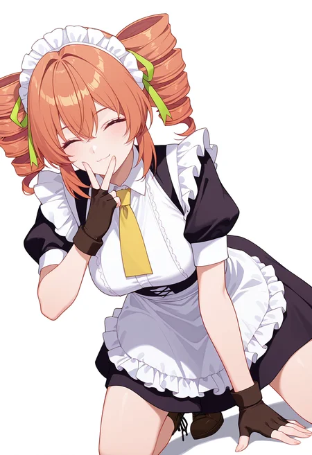Smooth Quality,masterpiece,very intricate, high quality details, ultra realistic, high detailed skin,detailed enviorement,absurdres,
v over mouth,
<lora:Gertrude_Rainsworth_CNR_r2:0.8> gertrude_cnr, 1girl, orange hair, twin drills, purple eyes, hair between eyes, medium breasts,black dress, maid apron, frilled apron, puffy short sleeves,fingerless gloves, cross-laced footwear, yellow necktie, green ribbon,maid headdress, hair ribbon,, simple background, white background, dutch angle,
kneeling, one hand on ground, reaching forward, focused, tense, ,, ^ ^,