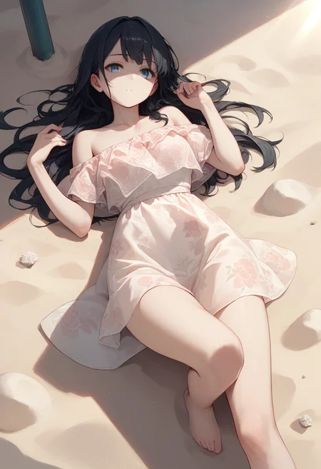 score_9, score_8_up, score_7_up, score_6_up, source_anime, 1girl, long hair, black hair, blue eyes,
off shoulder, floral dress, see-through, short dress,
lying, from above, sand, sunlight, leg up,
<lora:floral_offshoulder_dress_v1.1-pony:1>