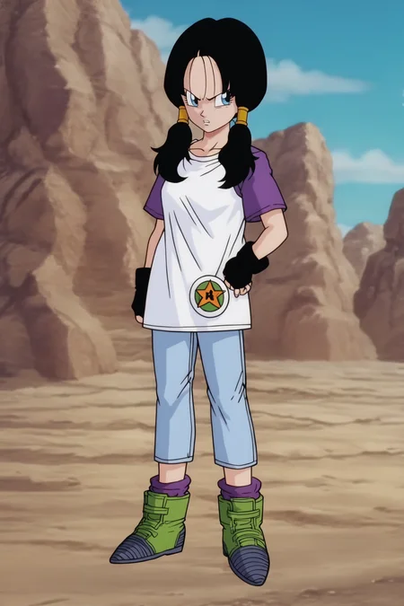 source_anime, score_9, score_8_up, score_7_up, anime screencap,8k, absurd res,
videl, 1girl, solo, blue eyes, shirt, black hair, two tone shirt, twintails, standing, full body, boots, jeans, black gloves, fingerless gloves, hand on hip, frown, wristband, v-shaped eyebrows, v-shaped eyes, white shirt, symbol, teeth, purple legwear, purple sleeves, looking at another, green footwear, fingernails, collarbone, badge, hair tubes
 <lora:videlSatan_pony_v1:0.8>