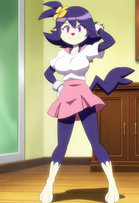 masterpiece, best quality, absurdes, 1girl, solo, full body,
(source_cartoon),
<lora:Dot Warner - Anime Dot (NoobAI):0.8>
Anime_Dot, purple hair, hair flower, violet eyes, white shirt, pink skirt, tail, furry female, animal nose,
smile, skirt, standing, mature female, thick,
(large breasts), indoors,
<lora:Detailer_NoobAI_Incrs_v1:0.4> detailed,