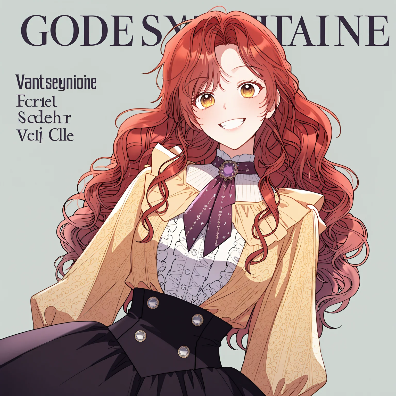 masterpiece, best quality, amazing quality, very aesthetic, absurdres, explicit, <lora:Schuer:1>, schuer, long hair, red hair, wavy hair, golden eyes, looking at viewer, smile with teeth, fashion pose, yellow silk shirt, frills, purple tie, black skirt, fake magazine cover, magazine cover, text, logo, fashion magazine, dynamic angle, simple background