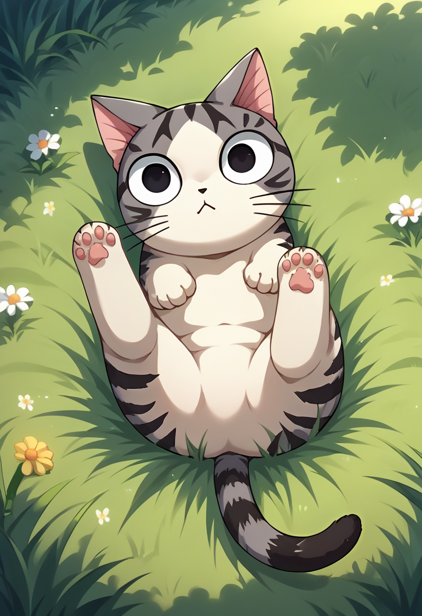 score_9, score_8_up, source_anime, ChiYamada, cat, black eyes, no humans, outdoors, grass, on back, <lora:CHAR-ChiYamadaPonyXL:1>