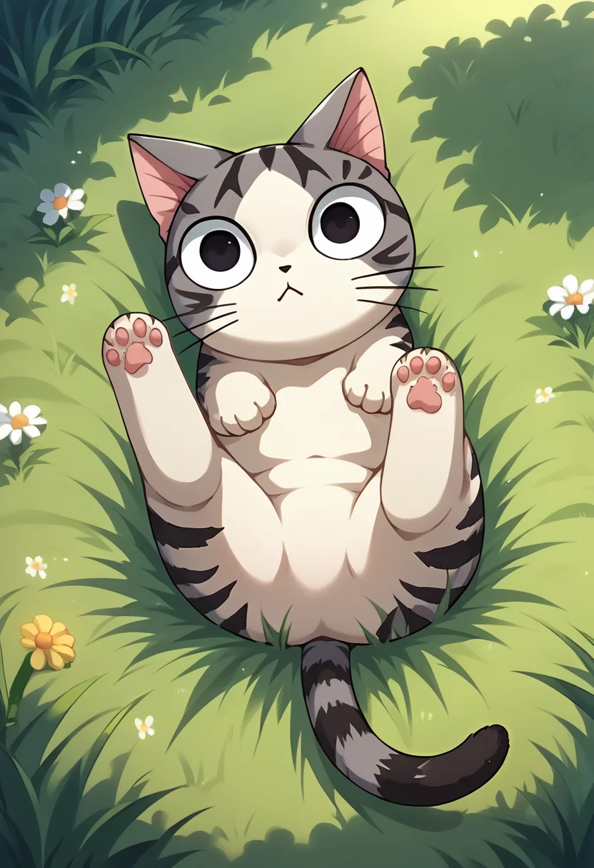 score_9, score_8_up, source_anime, ChiYamada, cat, black eyes, no humans, outdoors, grass, on back, <lora:CHAR-ChiYamadaPonyXL:1>