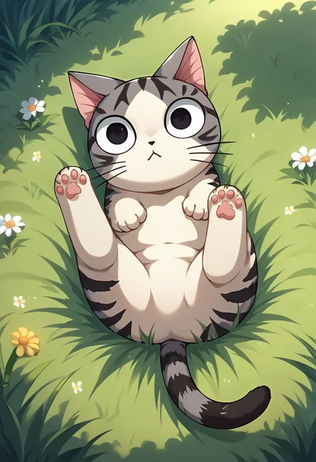 score_9, score_8_up, source_anime, ChiYamada, cat, black eyes, no humans, outdoors, grass, on back, <lora:CHAR-ChiYamadaPonyXL:1>