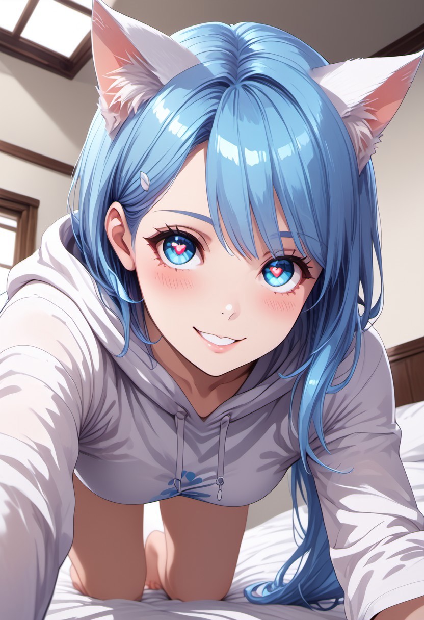 score_9, score_8_up, score_8, 1girl, Catgirl, slimes_aizome, solo, blue hair, white cat ears, white cat tail, heart eyes, oversized hoodie, on bed, all fours, leaning forward, face focus, highly detailed, dynamic angles, dynamic pose, very amazed, smile, big eyes, Expressiveh, vivid colors, looking at viewer, low angle, view from below