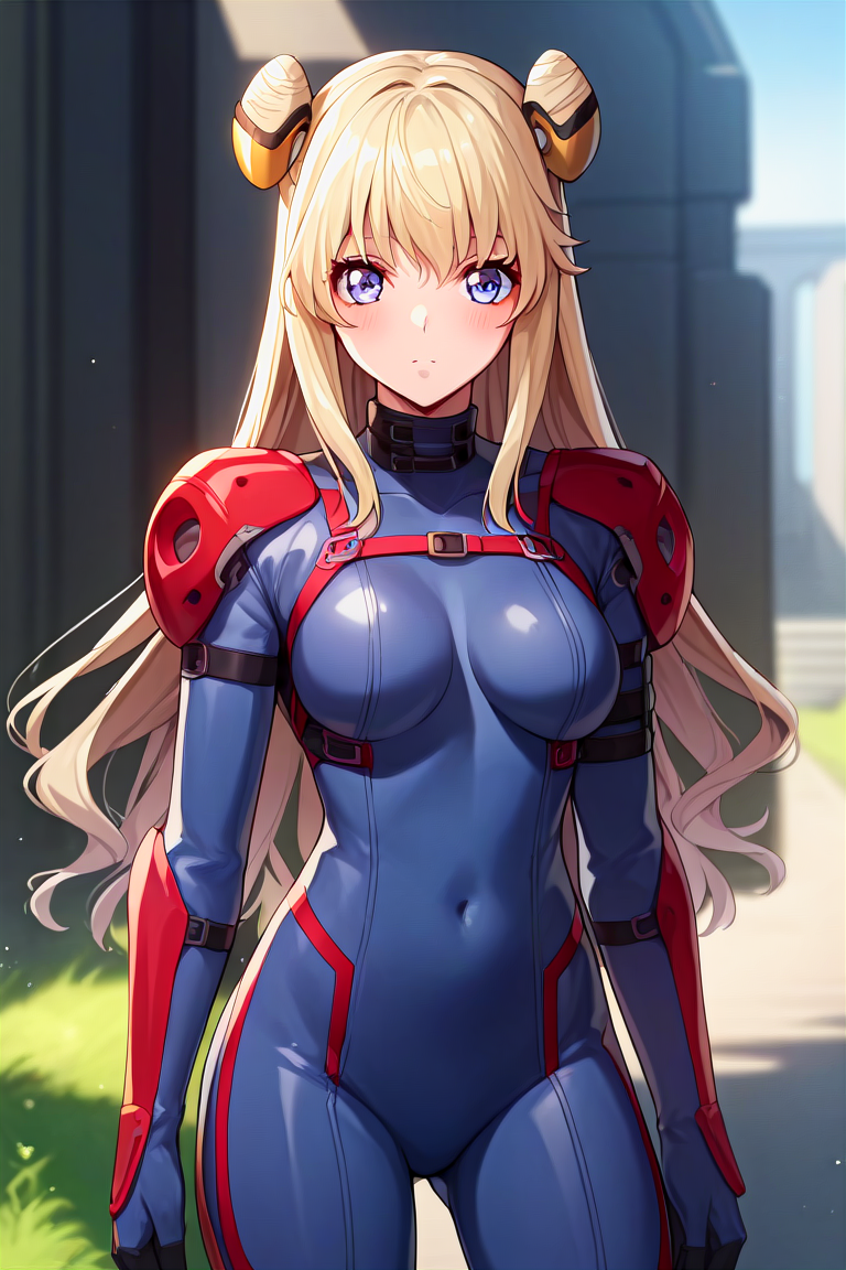 score_9, score_8_up, score_7_up, score_6_up, score_5_up, score_4_up, rating_questionable, , source_anime, digital illustration, pixiv, fanbox, uncensored, , BREAK, official art,
1girl, solo, female, leila malcal, blonde hair, double bun, hair ornament, 
bodysuit, pilot suit, armor suit, shoulder pads, , outdoors, blush, cowboy shot, looking at viewer, <lora:Leila_Malcal-10:0.9>