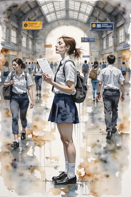 yawc1 watercolor. Profile of a high school student in uniform, white socks and black shoes, standing in the middle of a train station, holding two acceptance letters--one for a local college and the other for an overseas university. The station is bustling with people moving in every direction, while she stands still, eyes closed, taking a deep breath as she tries to decide which future to follow <lora:yawcolor_nocap1_d4a2:1.0> <lora:Flux-Sch-SingleBlocks-BF16:1.0><lora:799524101057379708:0>