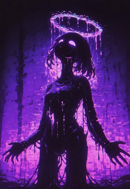 GLTST, Glitch, glitching, ,melting body, open hands, looking up, robotic body, robot, halo, melted halo, purple theme, no lineart