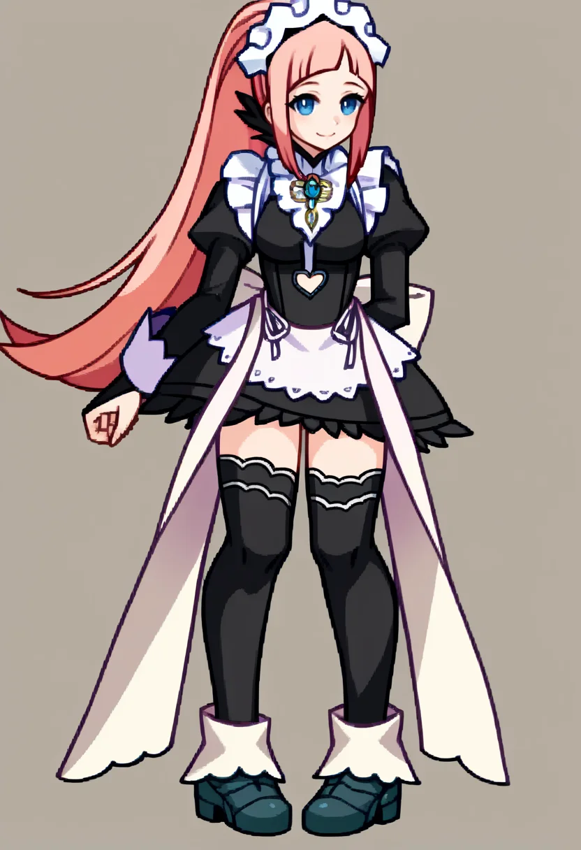 score_9, score_8_up, score_7_up, source_anime, BREAK, solo, 1girl, smile, looking at viewer, <lora:Arcana-Heart-Sprites-pdxl_Fp:1>, simple background, full body, standing, <lora:felicia-fe-richy-v2_pdxl:1>, flcdf, blue eyes, pink hair, long hair, ponytail, maid headdress, black feathered collar, blue brooch, breasts, maid, juliet sleeves, maid apron, bridal gauntlets, black thighhighs,
