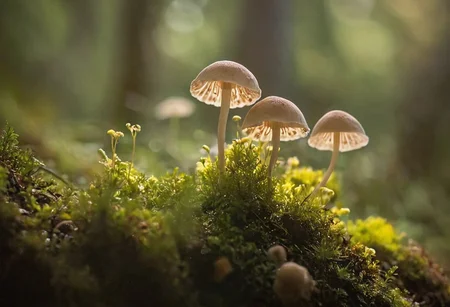 Delve into the enchanting microcosm of "Plants and Fungi" as you explore the delicate beauty of Mycena fungi, captured in Recarei, Paredes, Portugal. This macro shot reveals the intricate details of the tiny fungi, showcasing their fragile stems and delicate caps with crystal-clear precision. In the foreground, soft flowers add an extra layer of natural charm, their petals framing the fungi like nature's own artwork. Set against a backdrop of the forest floor, the fungi and flowers stand out in sharp focus, while the surrounding environment melts away into the most exquisite bokeh. Small, twinkling bokeh lights in the background, like tiny orbs of magic, create a dreamlike atmosphere that highlights the ethereal beauty of the scene. This mesmerizing image, shot with a Canon EOS R5 paired with a Canon RF 100mm f/2.8L Macro IS USM lens, captures every fine detail and subtle texture with stunning clarity. Immerse yourself in the hidden wonders of the natural world, where the interplay of light and shadow, combined with the finest bokeh and the charm of foreground flowers, elevates the humble Mycena fungi to a work of art.