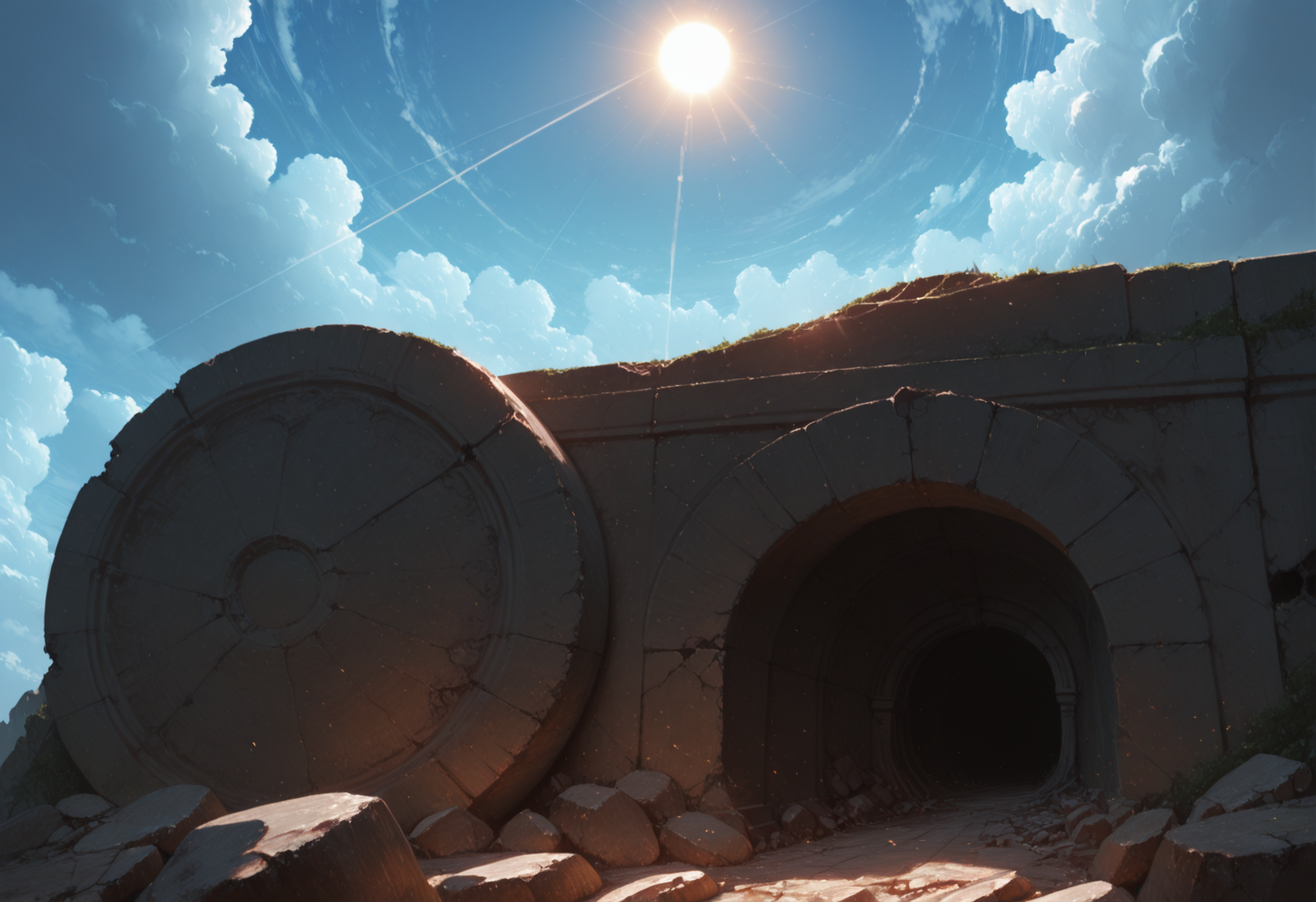 no humans, scenery, sky, cloud, sunlight, outdoors, day, light rays, sun, cloudy sky, rock, ruins, blue sky, circle_rock, ,tomb, <lora:Detailer_NoobAI_Incrs_v1:0.75>, masterwork, masterpiece, best quality, dynamic lighting , dynamic pose,,  dynamic angle, , ,  (lineless:1.2), detailed, depth of field, dynamic lighting, blurry, (cheekbones:0.85), (realistic:1.2)
adult, aged up,
