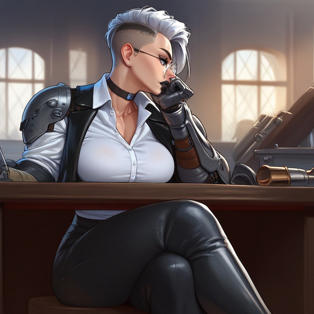 masterpiece,best quality, highly detailed, (tall female:1.2), score_9, score_8_up, score_7_up, solo, Expressiveh, girl, ((short white hair, undercut, slicked back hair)), side light, blue eyes, (black lips), ((one mechanical arm)), (beautiful body:1.5), (athletic body:1.5), (beautiful breasts), physically fit, slender build, tomboy, wide hips, toned female, thick lips, (white shirt), unbutton, choker, leather vest, leather armor, steel gauntlet, single shoulder armor, black pants, ((round glasses)), sitting, crossed legs, side profile, looking down, holding gear in hand, head rest, desk with tools, tinkering, dynamic cowboy shot, indoors, pipes, mechanisms, workshop background