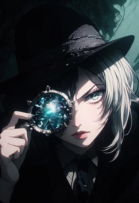A pen and ink style expressionism painting. Portrait of a female detective scowling into a magnifying glass. The glass is crystal clear, showing a water portal through the glass. The detective is wearing a black suit and fedora that emanates her shadowy figure. 
Anime art of Detective draped in shadows with a lighting that enhances her unique features. Haunted house setting. Haunted expression, Haunted atmosphere. Ultra detailed artistic abstract. sbfte, de01, detail eyes, magic eyes, 8k.