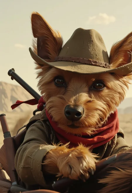 This is a digital artwork in the style of ckgr Anthropomorphic yorkshire terrier allab in a high-speed horse chase, wearing a red scarf, a dust-covered cowboy hat, and gripping a shotgun. Dust kicks up behind it. Highly detailed, realistic textures, western theme, cowboy, gunslinger, action shot.
 <lora:ral-anthropomorphic-flux:1>
