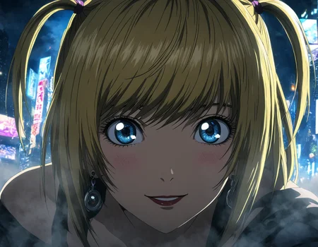 1girl, portrait of Misa Amane, death note, Modern Anime, adult female, From Death Note anime, best quality, 8K, DSLR quality, Bloom Lighting, Good Face, Beautiful Face, Slim, highly detailed, glow, extreme details, fog, smoke, blond hair, full body, happy, smile, perfect eyes, <lora:perfect-eyes:1>, perfecteyes, eyes reflection, detailed eyes, upper body, hdr quality, full of color, smoke, cinematic, night, moon light, 2010s, windy, hair swaying in wind, purple nail polish, nigh time, blue eyes, grainy, chromatic aberration, adult woman, Depth of field effect, uwu, cute, blush, perfecteyes, eyes reflection, detailed eyes, upper body, shy smile, hdr quality, hands doing cute pose, full of color, smoke, cinematic, in city, times square, no crowd, <lora:misa_amane-step00000862:1>