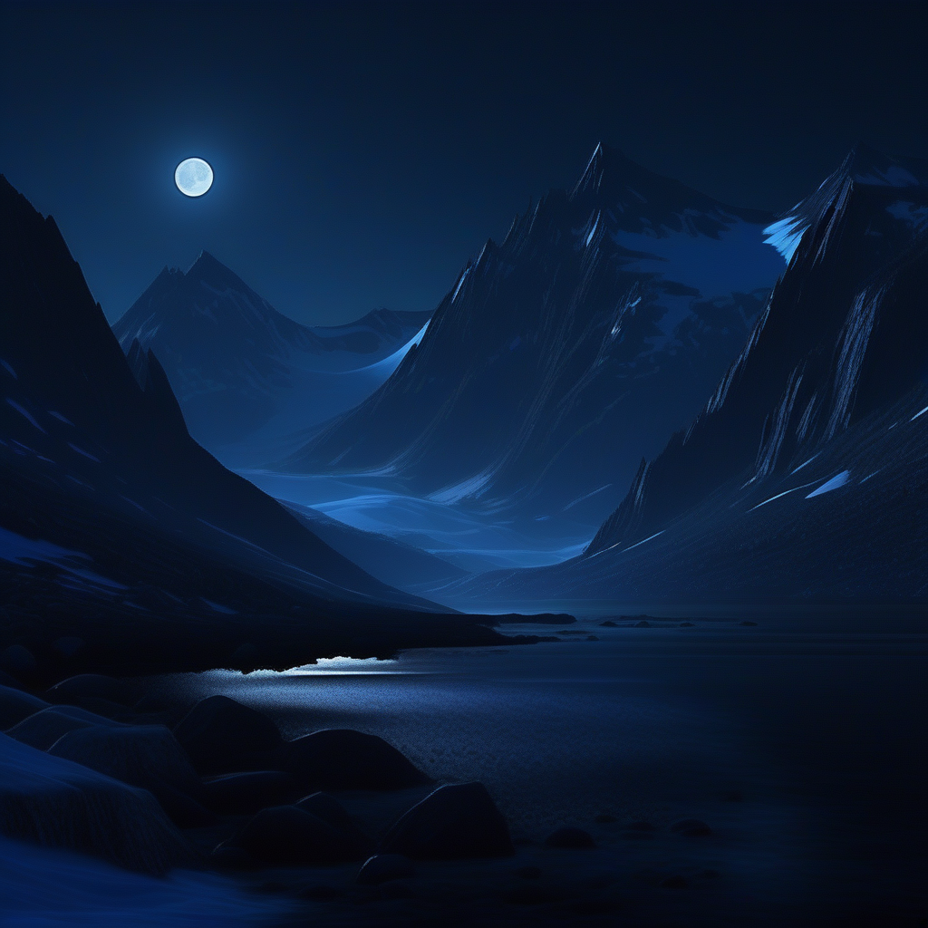 Generate a hyper-realistic Arctic landscape at night, with towering snow-capped mountains bathed in moonlight. The scene features jagged, icy peaks that reflect the soft glow of the full moon, with mist rising from the frozen valleys below. Deep shadows and a cold, blue-tinted sky add a sense of isolation and grandeur to the vast, desolate wilderness.