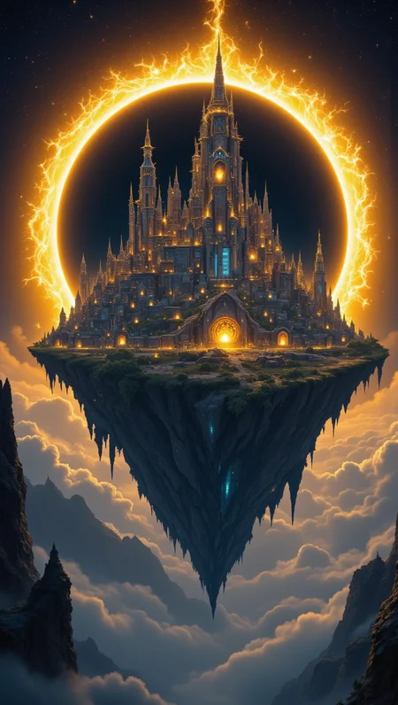pinkfluxproultrafantasia, aidmaimageupgrader
The Eclipsed Citadel
An ancient city resting on a floating island, bathed in the glow of an eternal eclipse. The architecture is adorned with veins of luminous gold, while glowing ivy climbs the walls, pulsing softly with celestial energy.