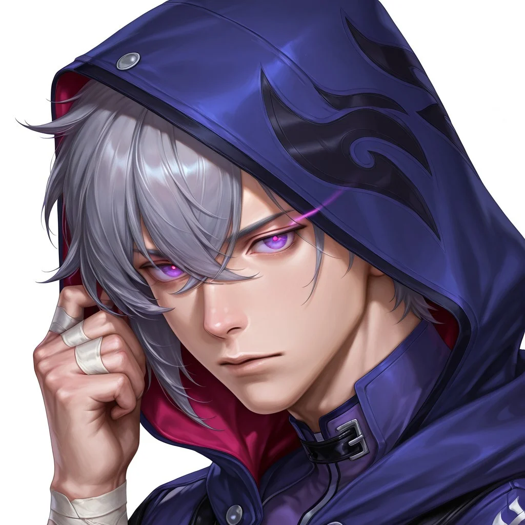 FutureFightStyle, ((semi realistic)), score_9, score_8_up, score_7_up, 8k, absurd res, masterpiece,1boy,solo,male focus,moze,grey hair,short hair,hair between eyes,purple eyes,bishounen,hood,hood up,bandages,bandaged arm,looking_at_viewerit, white background, realistic, headshot, one glowing eye, young, kid